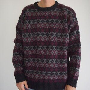 Vintage Heather Tweed Burgundy Gray Wool Argyle Knit Sweater XL